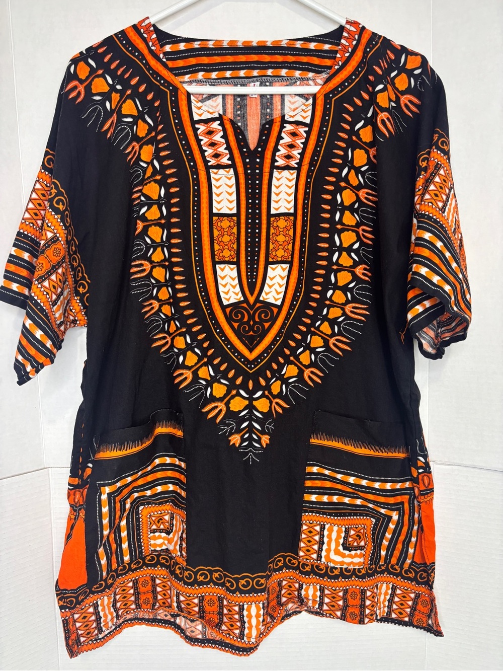 Men’s 100% Cotton Black & Orange Printed Dashiki Boho Tribal Ethnic Tunic Shirt